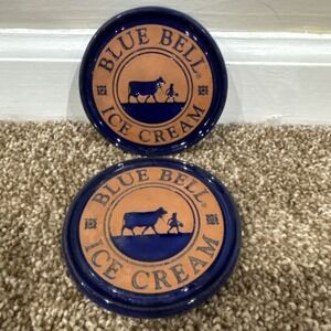 VTG Set Of 2 Frankoma U.S.A. Terra Cotta Pottery Blue Bell Ice Cream Coasters